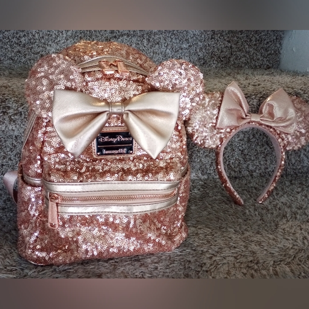 Loungefly DISNEY PARKS Rose Gold Sequin minnie Backpack With Matching Headband